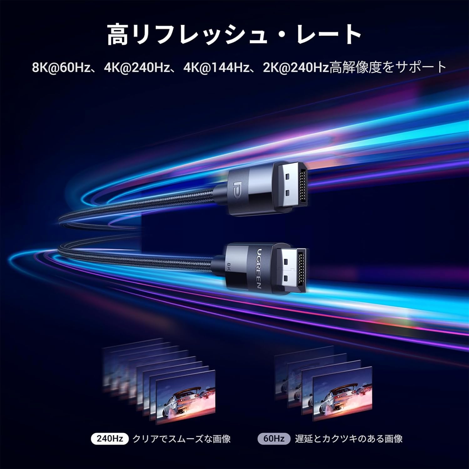 UGREEN 8K DisplayPort 1.4 規格 ディスプレイポートケーブル DP1.4 HDR対応 8K@60HZ / 4K@144Hz DP1.4 32.4Gbps ハイスピード DPケーブル - 画像2