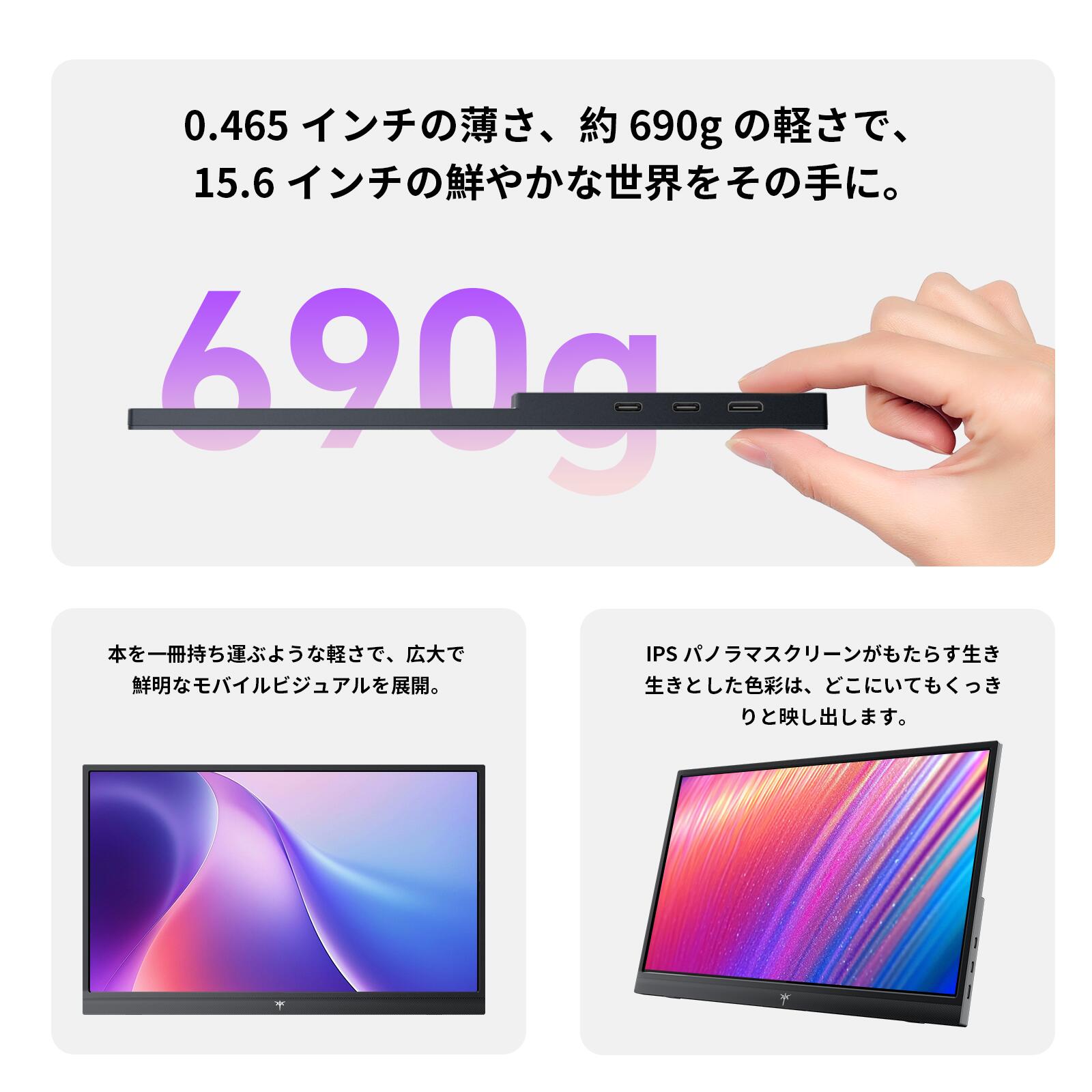 モバイルモニター 15.6 インチ FHD 1920×1080 1080P Fast IPS パネル 非光沢 1000:1 高コントラスト 超軽量 600g スピーカー内蔵 Type-C/HDMI 接続 PS5/Switch/PC/スマホ対応 - 画像2