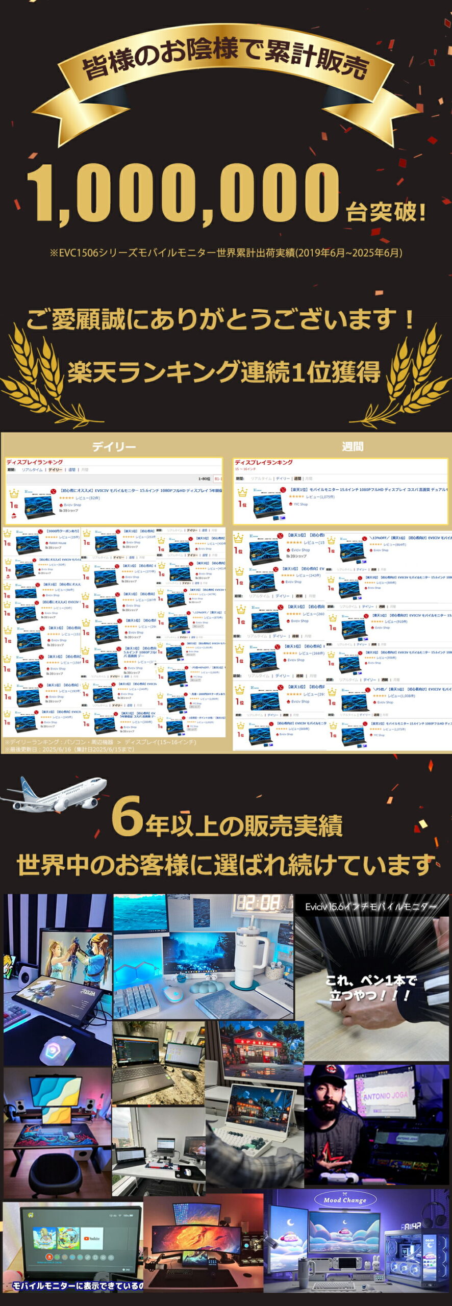 【楽天1位 累計販売100万台突破】モバイルモニター 15.6インチ フルHD 4K タッチパネル バッテリー内蔵 選べる13モデル 非光沢IPS パネル Type-C対応 HDMI モニター 持ち運び ディスプレイ サブディスプレイ デュアルモニター ミニPC対応 EVICIV - 画像2