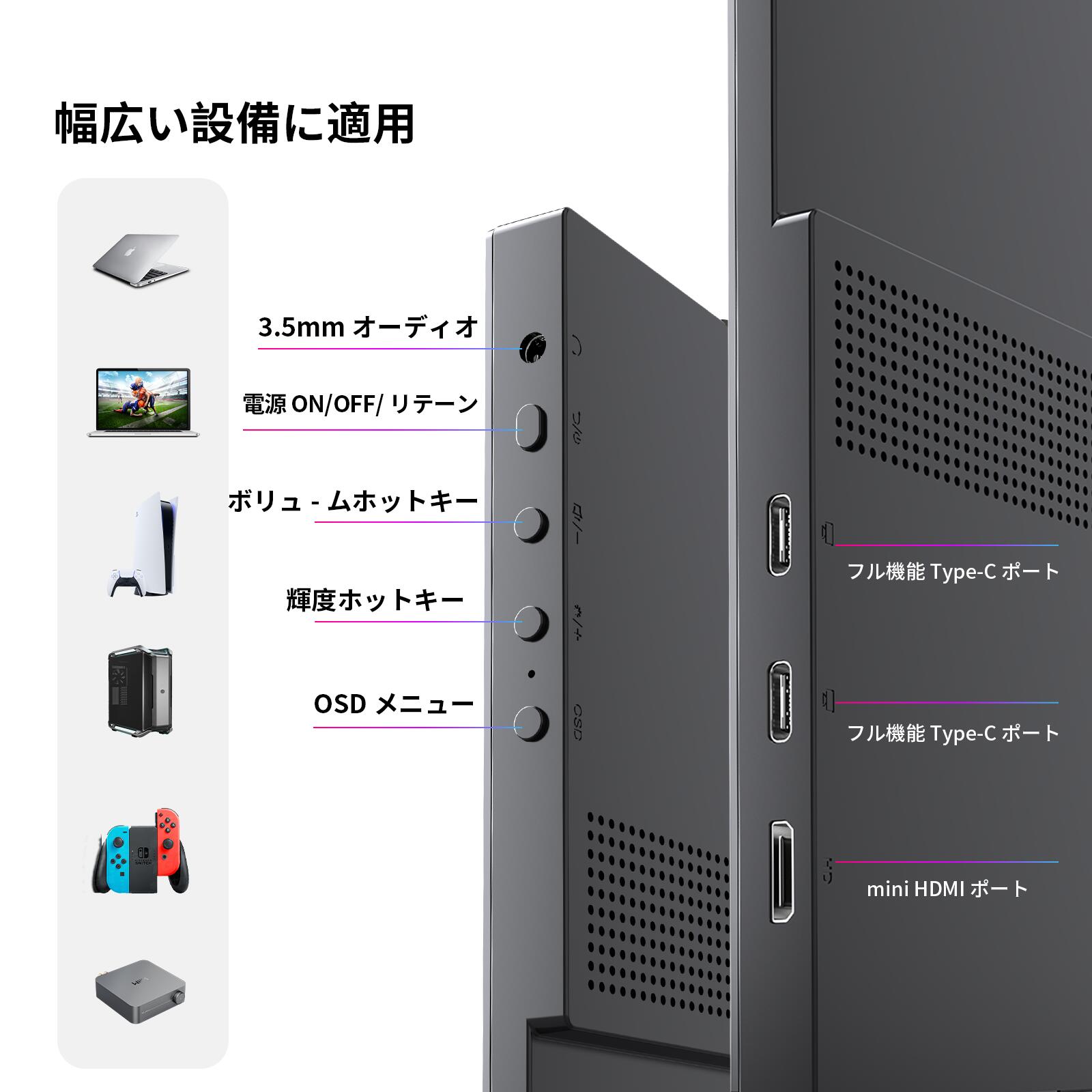 モバイルモニター 15.6 インチ FHD 1920×1080 1080P Fast IPS パネル 非光沢 1000:1 高コントラスト 超軽量 600g スピーカー内蔵 Type-C/HDMI 接続 PS5/Switch/PC/スマホ対応 - 画像3