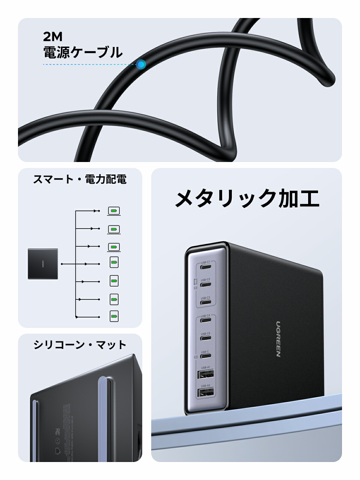 UGREEN 200W 充電器 8ポート 卓上 急速 単ポート最大100W 高出力【USB-C*6とUSB-A*2】充電保護システム PD3.0 PPS規格対応 - 画像4