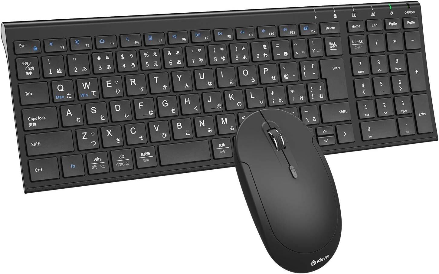 国内 ワイヤレスキーボード マウスセット IC-BK22Combo ブラック Type-C充電 USBレシーバー共有 テンキー搭載 日本語配列 超薄型 パンタグラフ式 DPI調節可能